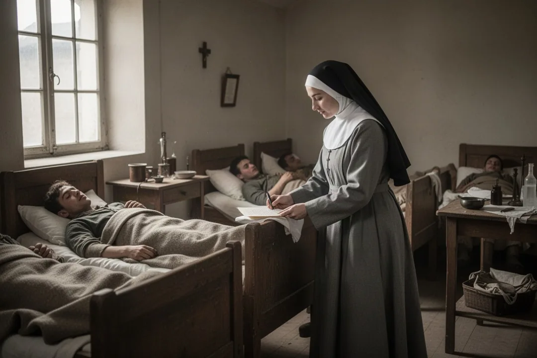 Religieuse soignant des blessés dans un hôpital conventuel pendant la guerre